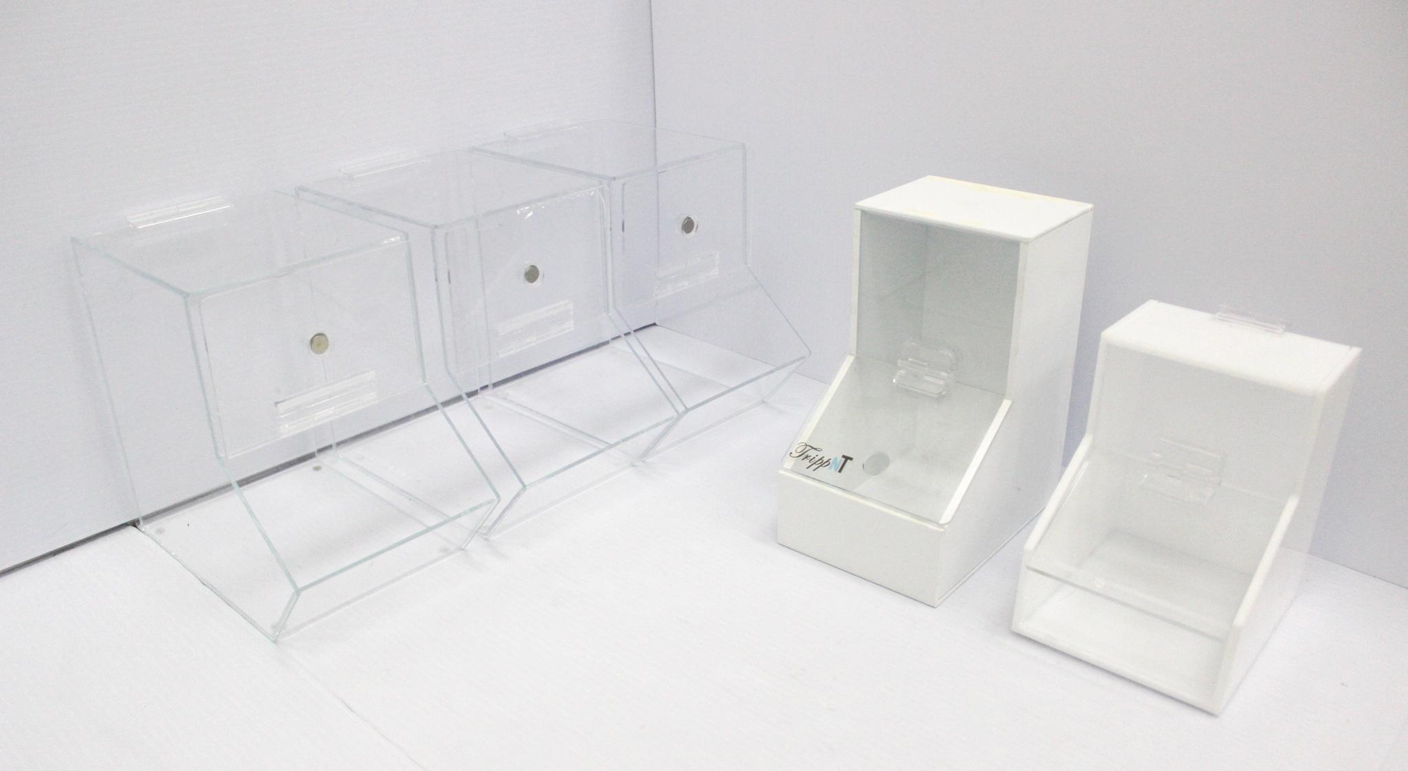 VWR 10032-084/086 Acrylic Dispensing Bins, Lot of 5, Medium/Small Sizes Used