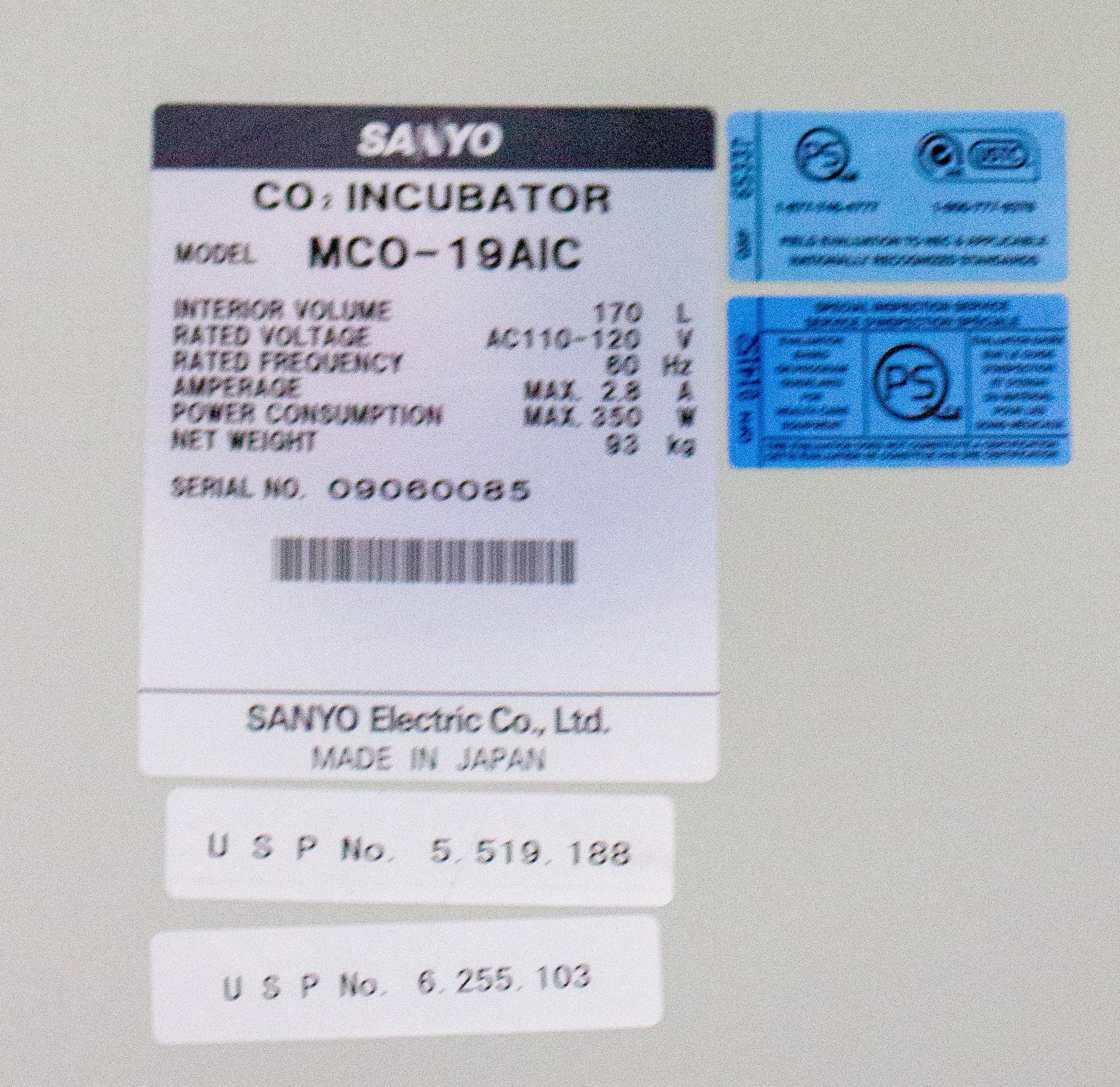 Sanyo MCO-19AIC CO2 Incubator 170L 5-50C Antibacterial Lab Controlled Use