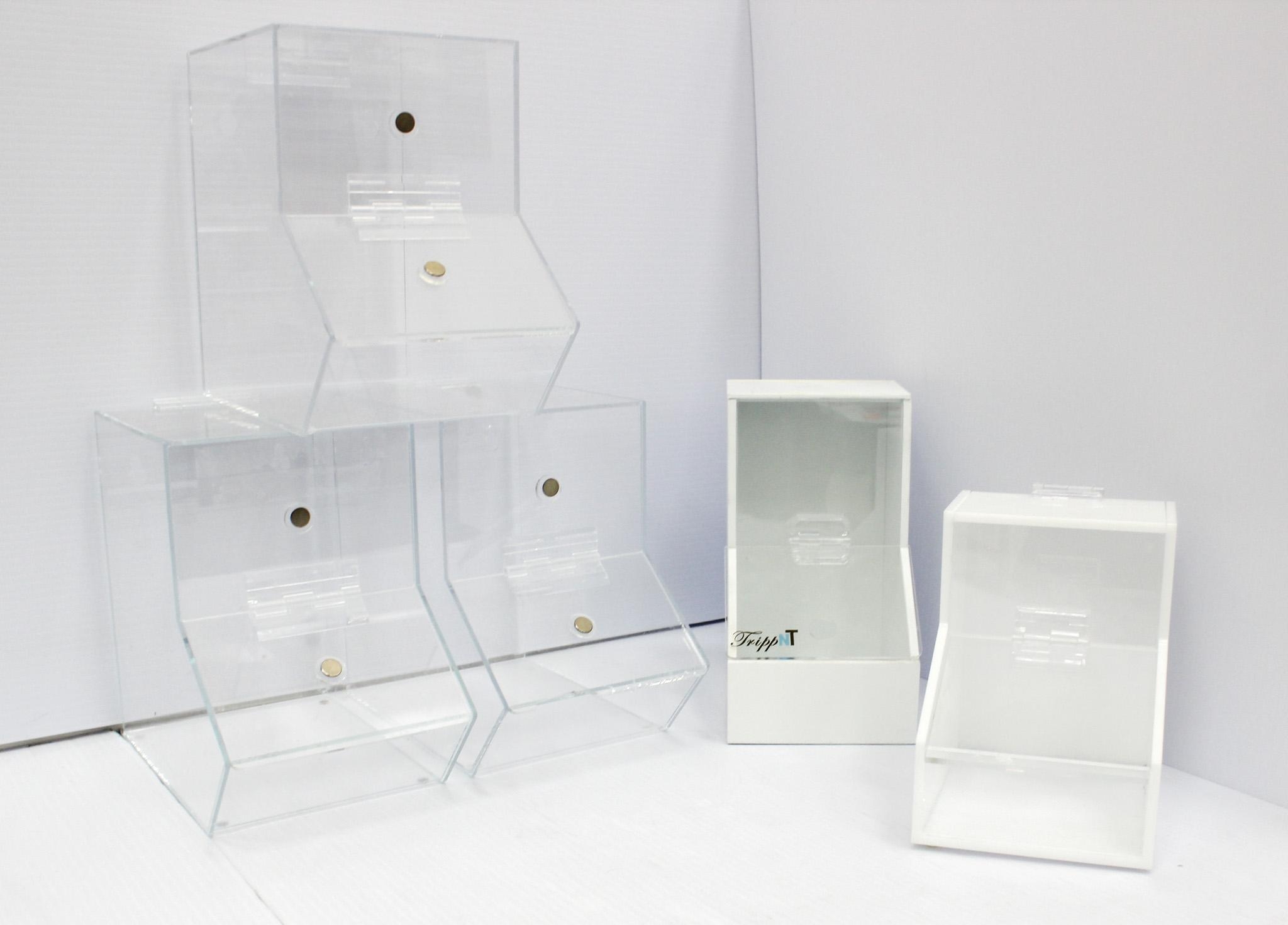 VWR 10032-084/086 Acrylic Dispensing Bins, Lot of 5, Medium/Small Sizes Used