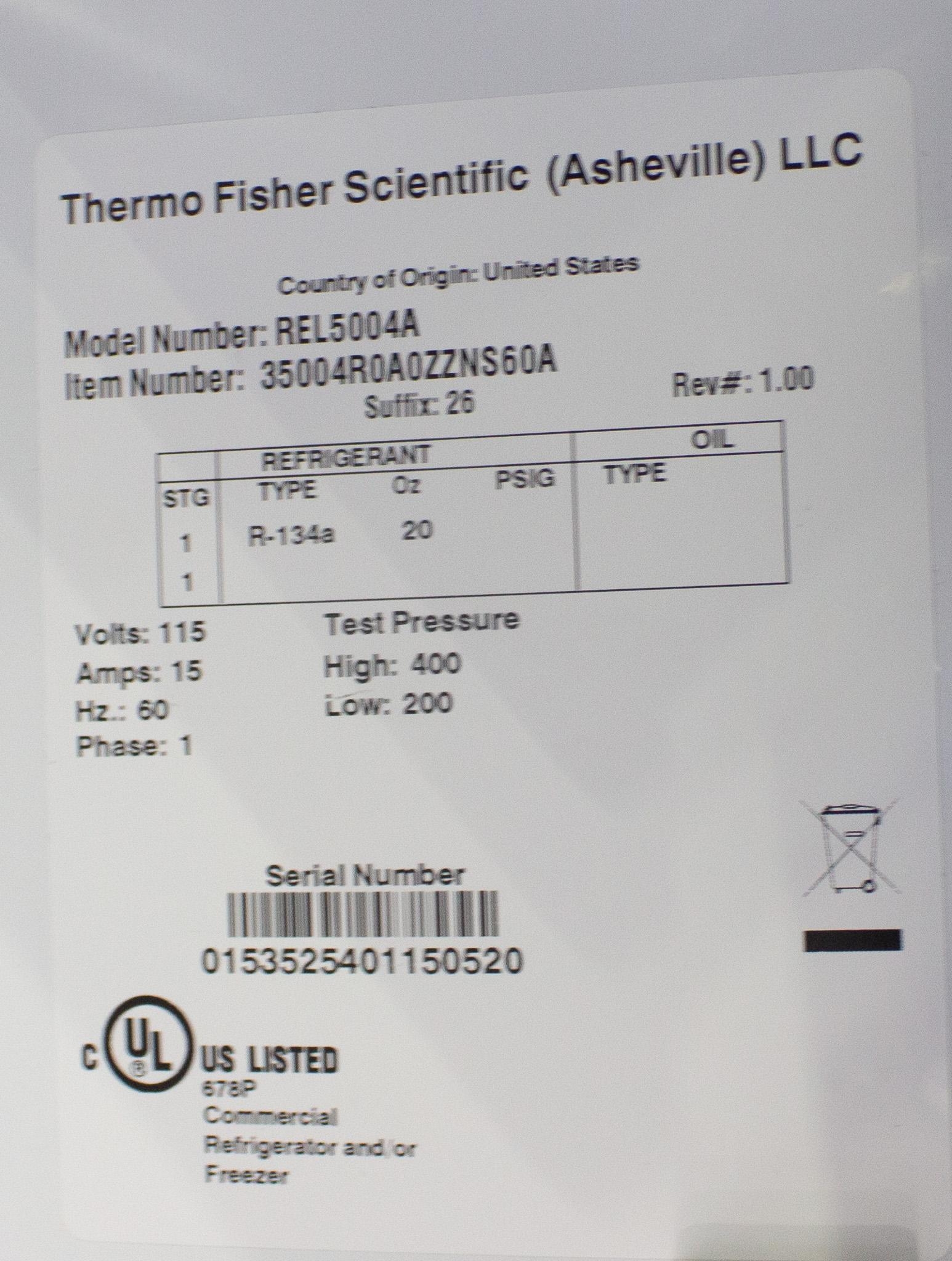 Thermo REL5004A Upright Lab Refrigerator 51.1 Cu Ft Heat Free Defrost LED