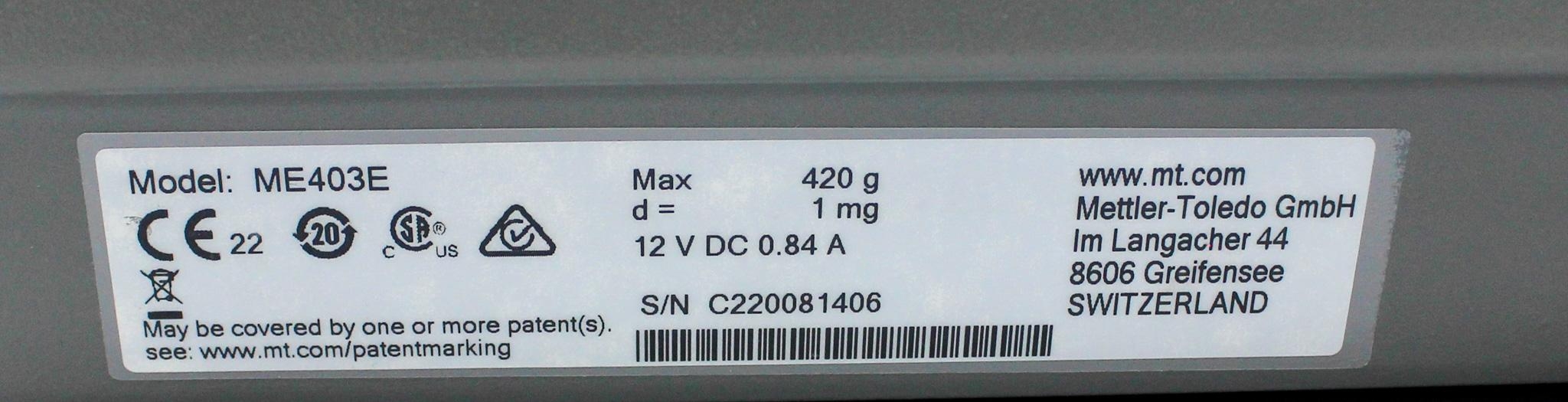 Mettler Toledo ME403E Precision Balance 420g Capacity 1mg Readability