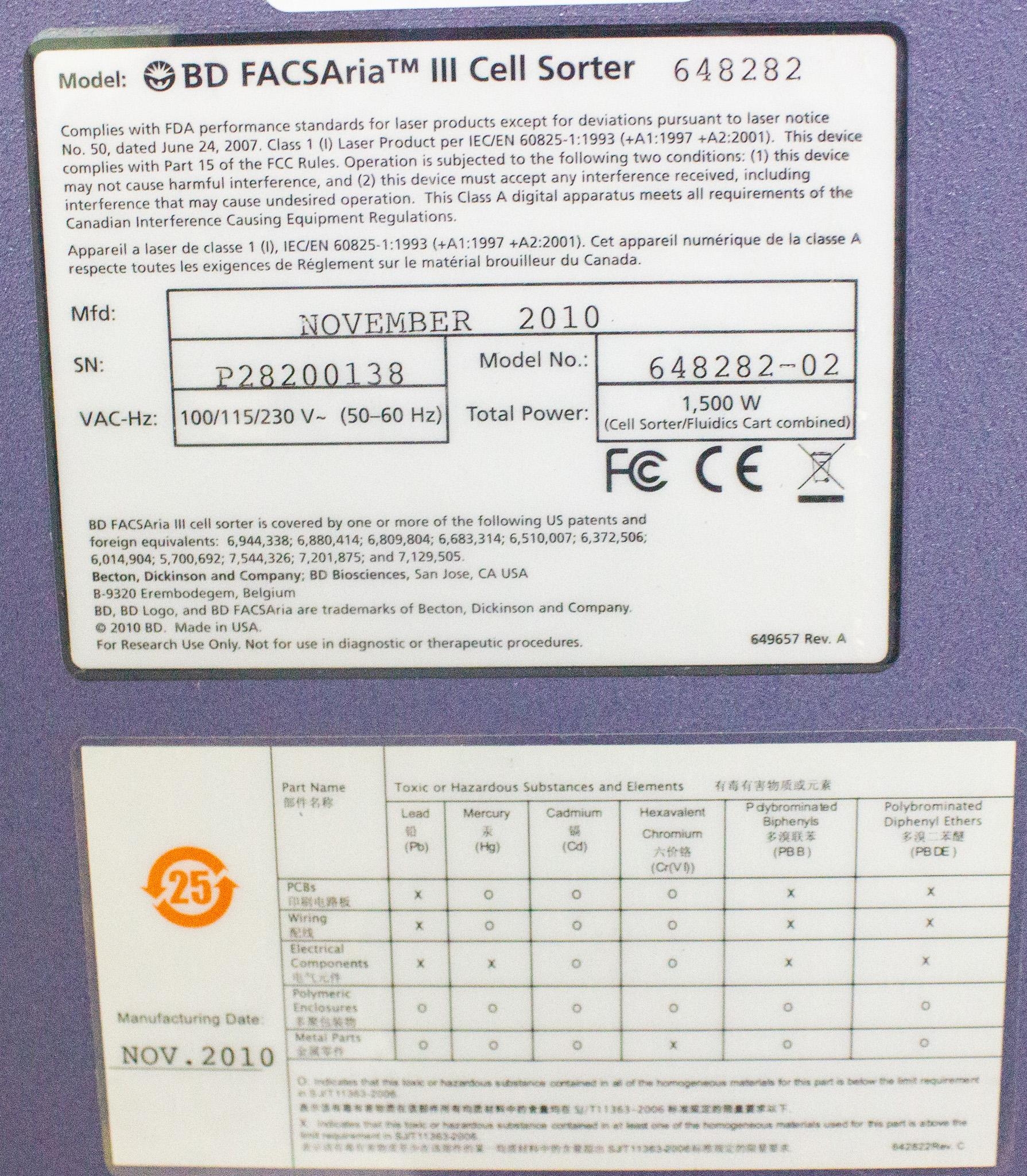 BD FACSAria III Cell Sorter Flow Cytometry Used Complete Unit Installed