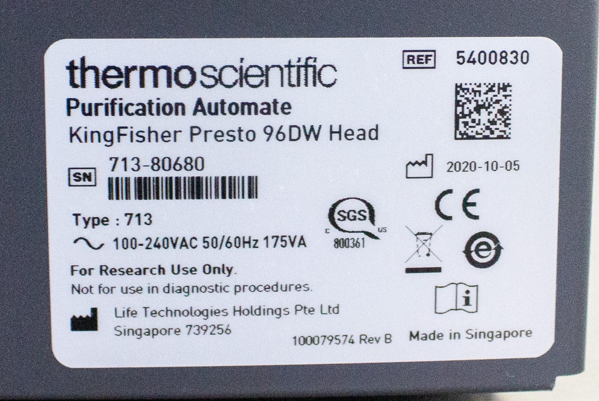 Thermo KingFisher Presto DNA RNA Protein Extraction 96DW Head 1000L 120V Used