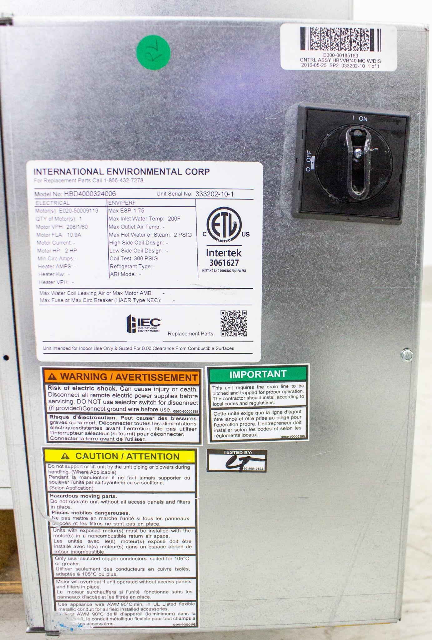 IEC HBD4000324006 Belt Drive Fan Coil 600-4000 CFM Used Power 220V