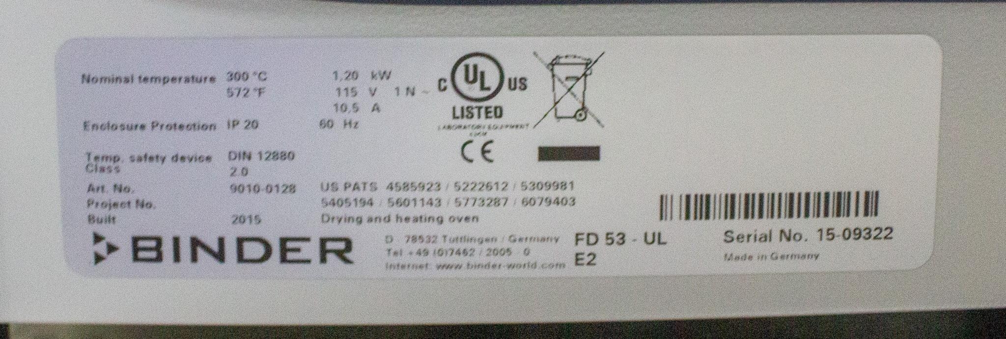 Binder FD53 Oven for Drying Sterilization 1.9 cu ft 300C Fast Heat-up