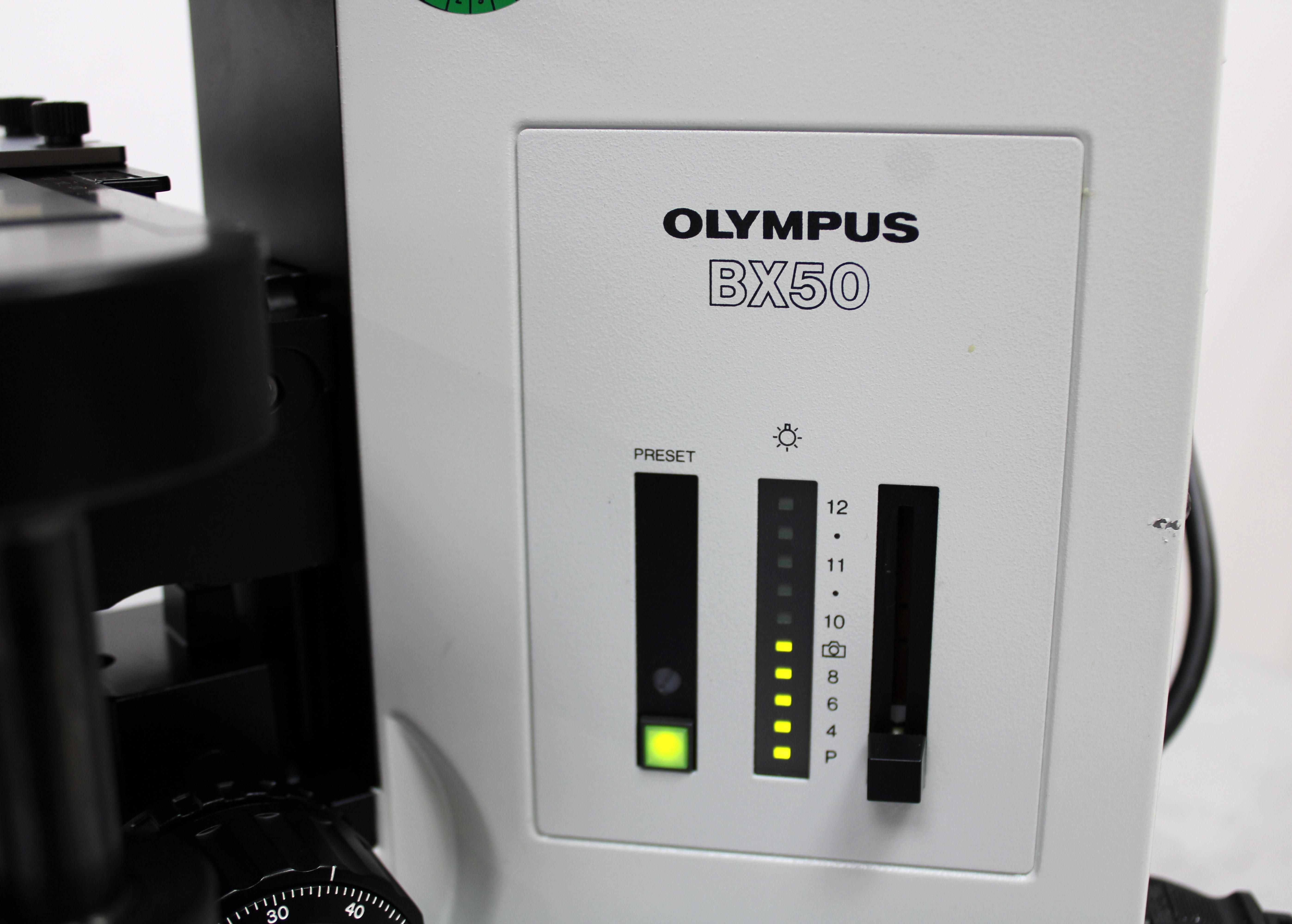 Olympus BX50F4 Microscope Imager 10x/0.25 4x/0.10 Lenses Halogen DP-12 Camera